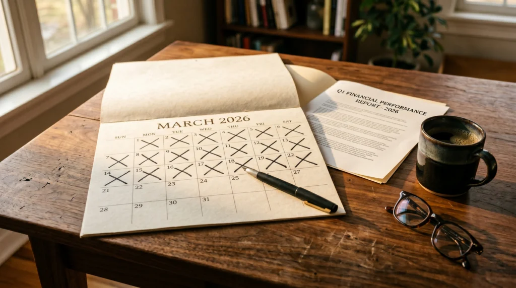 A printed monthly P&L on a wooden desk beside a wall calendar with the fifth circled in red, a coffee mug and fountain pen catching morning light