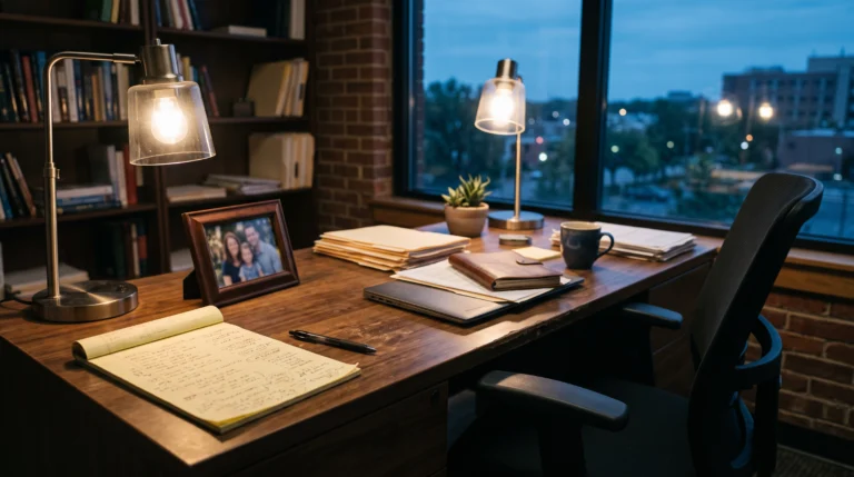 A business owner's desk at dusk with an overflowing task list beside a family photo, office lights still on