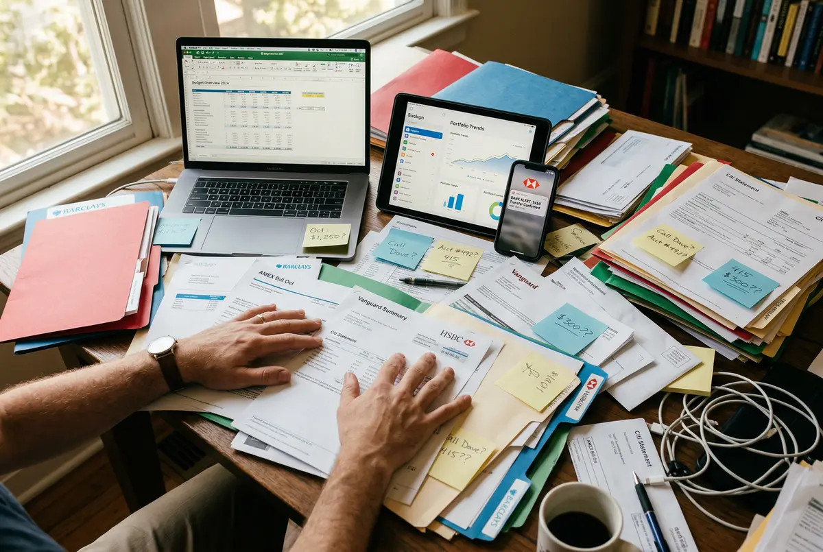 Scattered financial documents on a cluttered desk, the daily reality for owner-operated businesses in Monterey — especially established business and nonprofit owner-operators